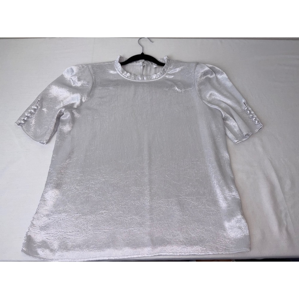 Calvin Klein Silver Crinkled Satin Ruffle Neck Puff Sleeve Blouse Medium